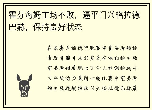 霍芬海姆主场不败，逼平门兴格拉德巴赫，保持良好状态