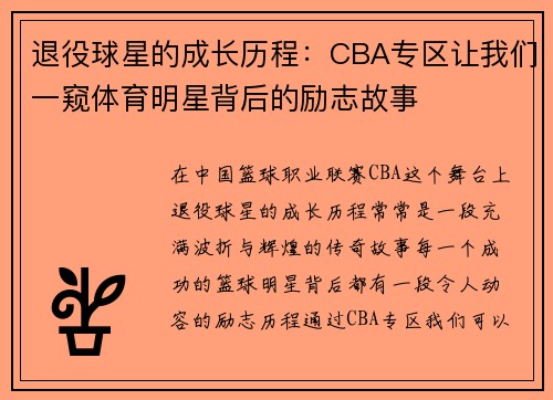 退役球星的成长历程：CBA专区让我们一窥体育明星背后的励志故事